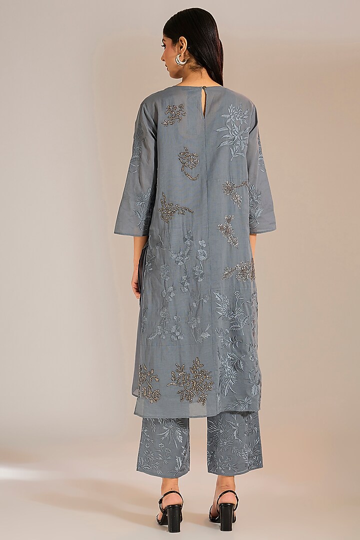 Shadow Silver Handloom Cotton Thread Embroidered Pants by Peachoo at Pernia's Pop Up Shop