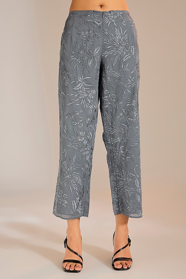 Shadow Silver Handloom Cotton Thread Embroidered Pants by Peachoo at Pernia's Pop Up Shop