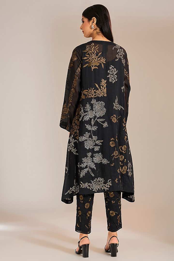 Black & Khaki Handloom Cotton Thread Embroidered Pants by Peachoo at Pernia's Pop Up Shop