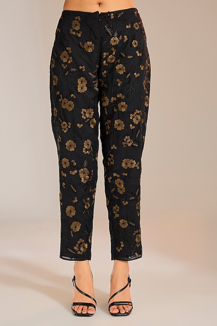 Black & Khaki Handloom Cotton Thread Embroidered Pants by Peachoo at Pernia's Pop Up Shop