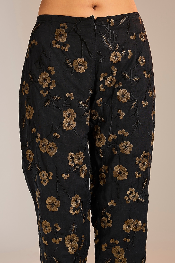Black & Khaki Handloom Cotton Thread Embroidered Pants by Peachoo at Pernia's Pop Up Shop