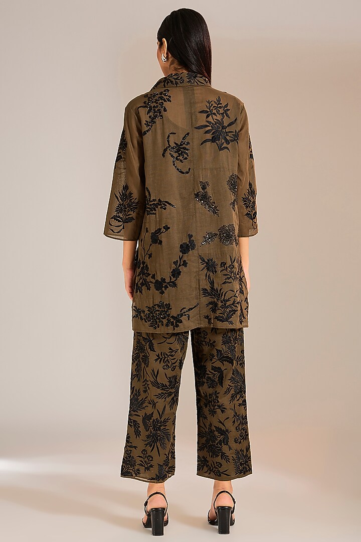 Khaki & Black Handloom Cotton Thread Embroidered Pants by Peachoo at Pernia's Pop Up Shop