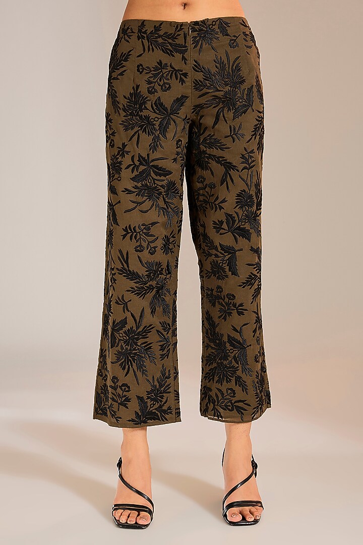 Khaki & Black Handloom Cotton Thread Embroidered Pants by Peachoo at Pernia's Pop Up Shop