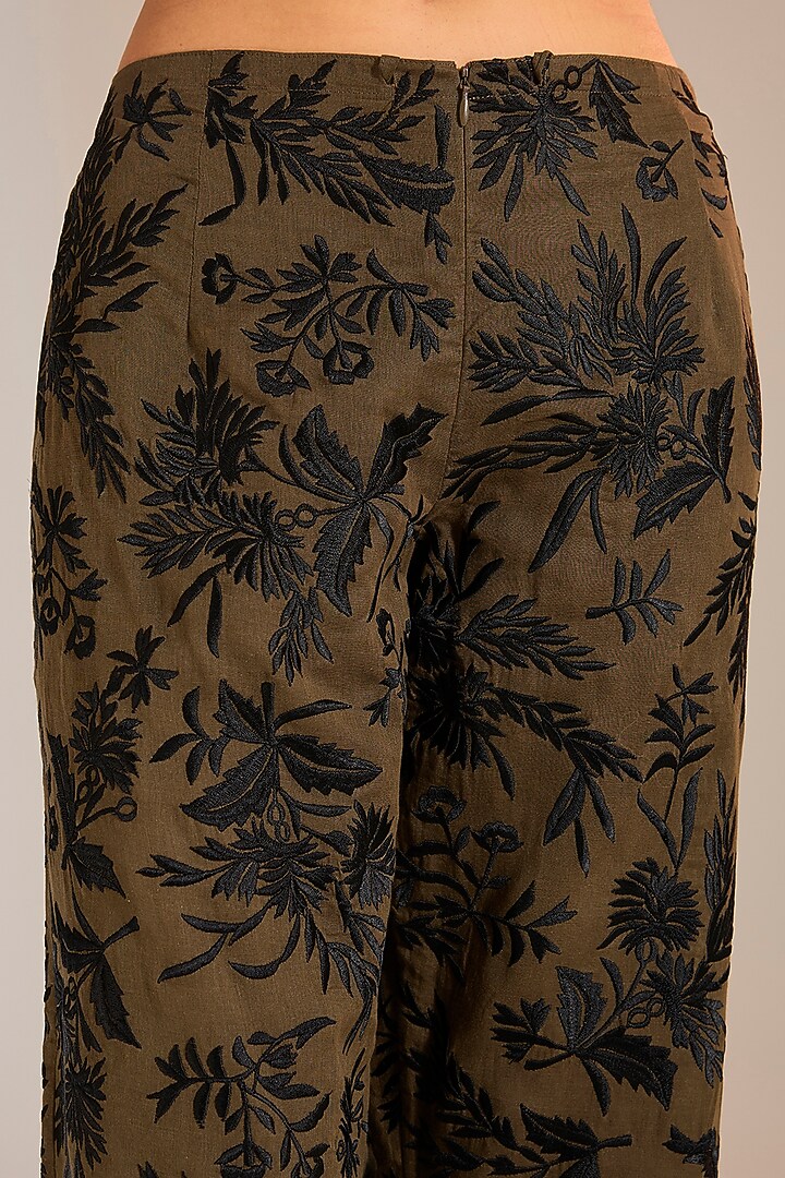 Khaki & Black Handloom Cotton Thread Embroidered Pants by Peachoo at Pernia's Pop Up Shop