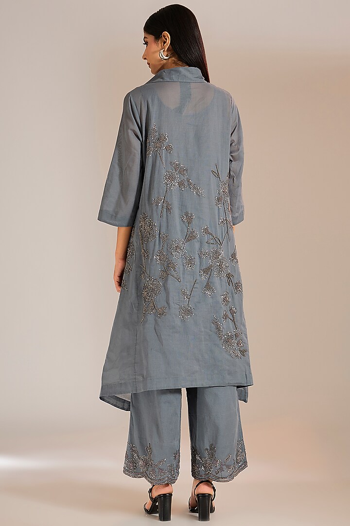 Shadow Silver Handloom Cotton Beads Embroidered Kurta by Peachoo at Pernia's Pop Up Shop