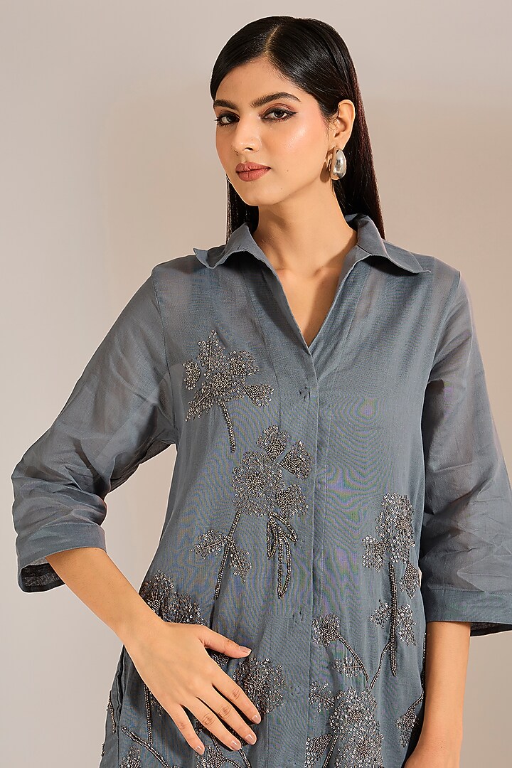 Shadow Silver Handloom Cotton Beads Embroidered Kurta by Peachoo at Pernia's Pop Up Shop