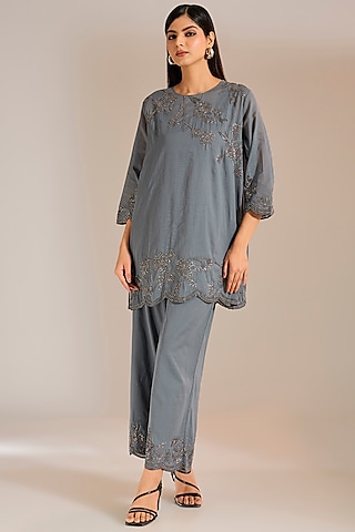 Shadow Silver Handloom Cotton Beads Embroidered Pants by Peachoo