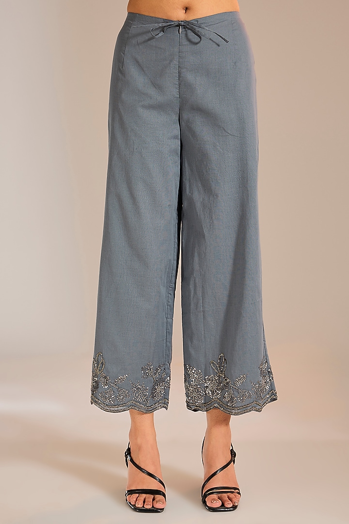 Shadow Silver Handloom Cotton Beads Embroidered Pants by Peachoo at Pernia's Pop Up Shop