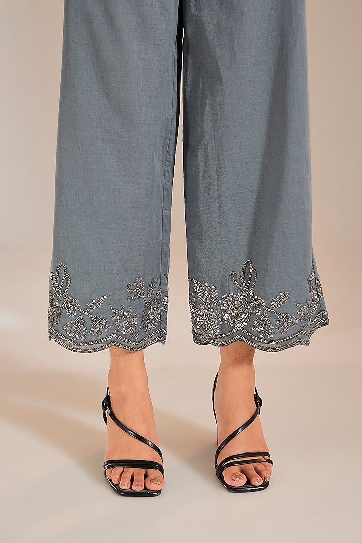 Shadow Silver Handloom Cotton Beads Embroidered Pants by Peachoo at Pernia's Pop Up Shop