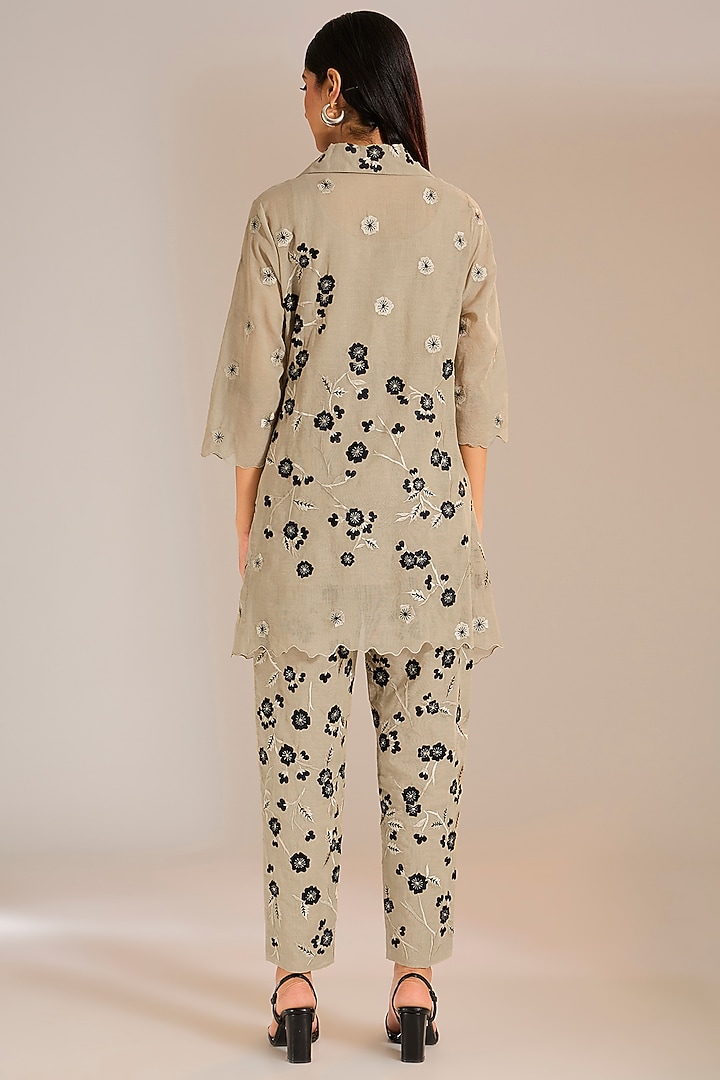 Natural Beige & Black Handloom Cotton Thread Embroidered Pants by Peachoo at Pernia's Pop Up Shop