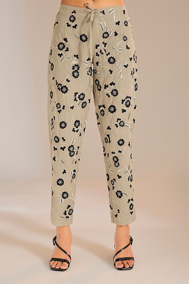 Natural Beige & Black Handloom Cotton Thread Embroidered Pants by Peachoo at Pernia's Pop Up Shop
