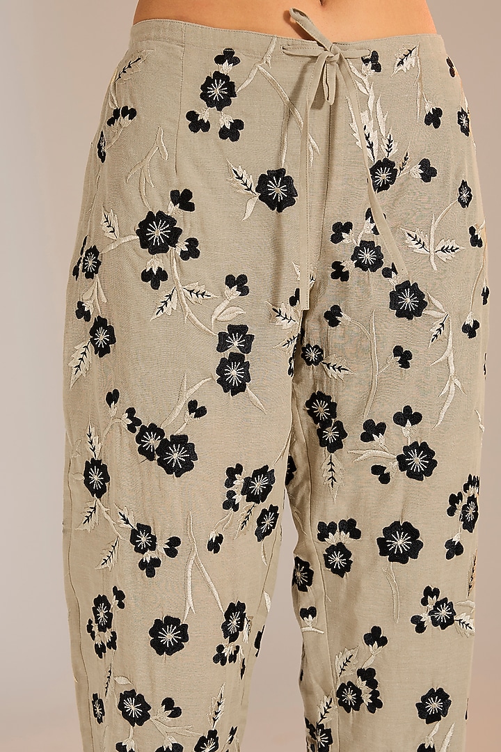 Natural Beige & Black Handloom Cotton Thread Embroidered Pants by Peachoo at Pernia's Pop Up Shop