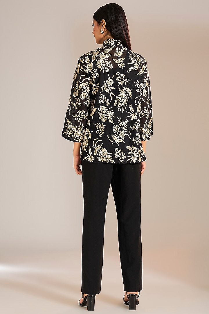 Black Handloom Cotton Thread Embroidered Top by Peachoo at Pernia's Pop Up Shop