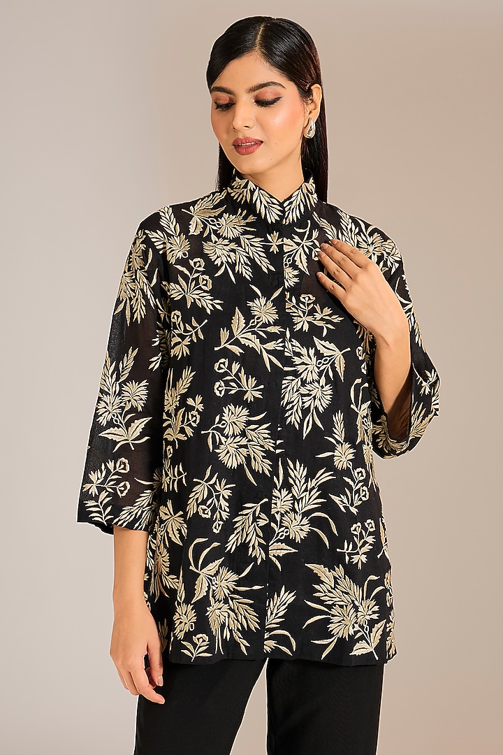 Black Handloom Cotton Thread Embroidered Top by Peachoo at Pernia's Pop Up Shop