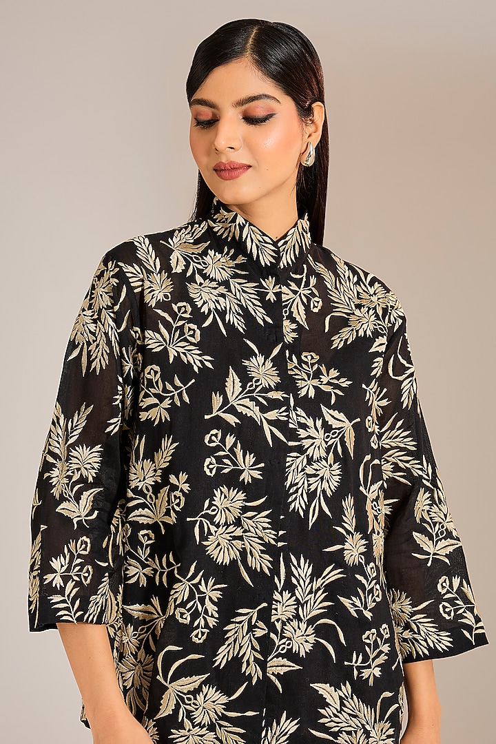 Black Handloom Cotton Thread Embroidered Top by Peachoo at Pernia's Pop Up Shop