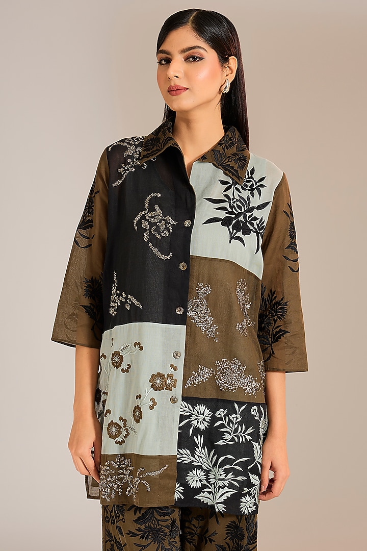 Multi-Colored Handloom Cotton Patchwork & Beads Embroidered Shirt by Peachoo at Pernia's Pop Up Shop