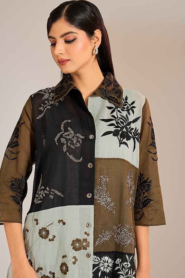 Multi-Colored Handloom Cotton Patchwork & Beads Embroidered Shirt by Peachoo at Pernia's Pop Up Shop