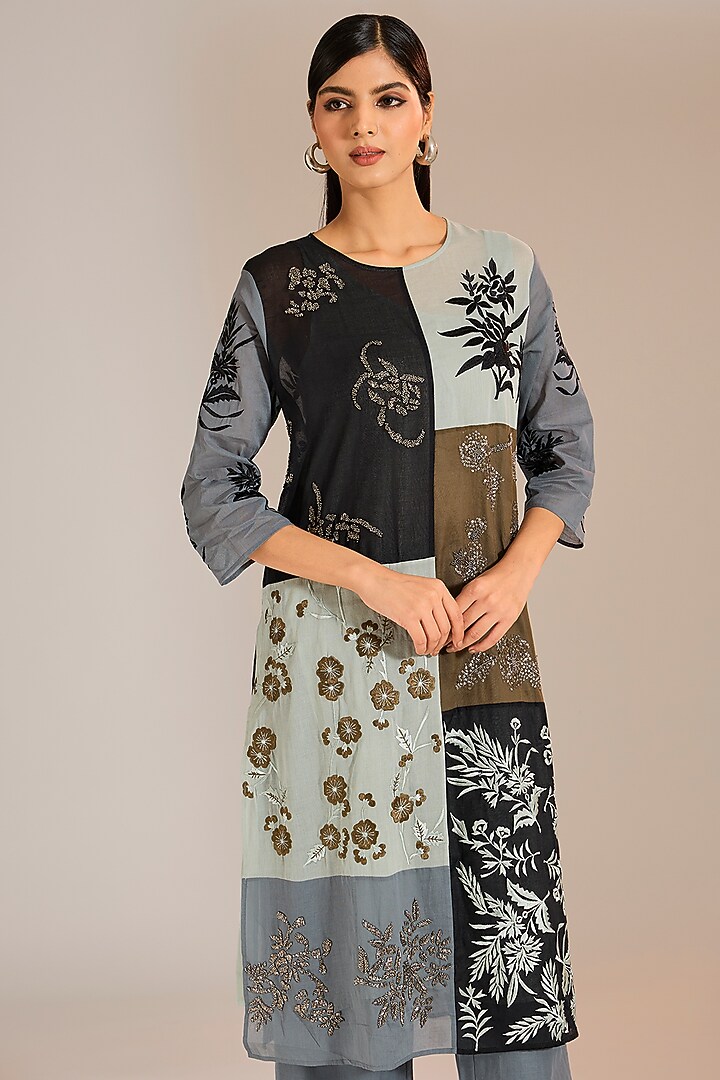 Multi-Colored Handloom Cotton Thread & Beads Embroidered Kurta by Peachoo at Pernia's Pop Up Shop