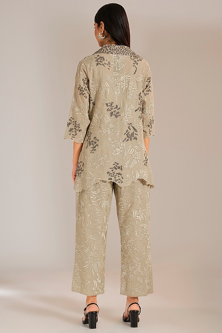 Natural Beige & Silver Handloom Cotton Beads Embroidered Shirt by Peachoo at Pernia's Pop Up Shop