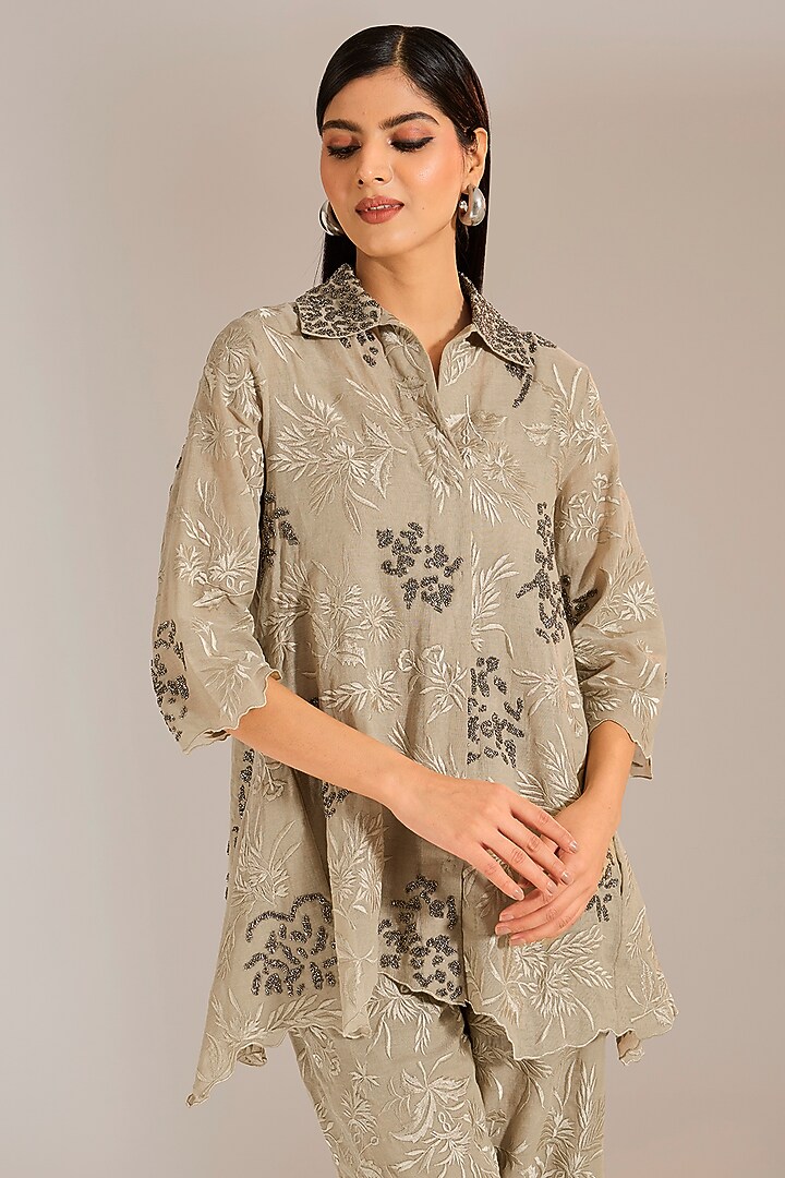Natural Beige & Silver Handloom Cotton Beads Embroidered Shirt by Peachoo at Pernia's Pop Up Shop