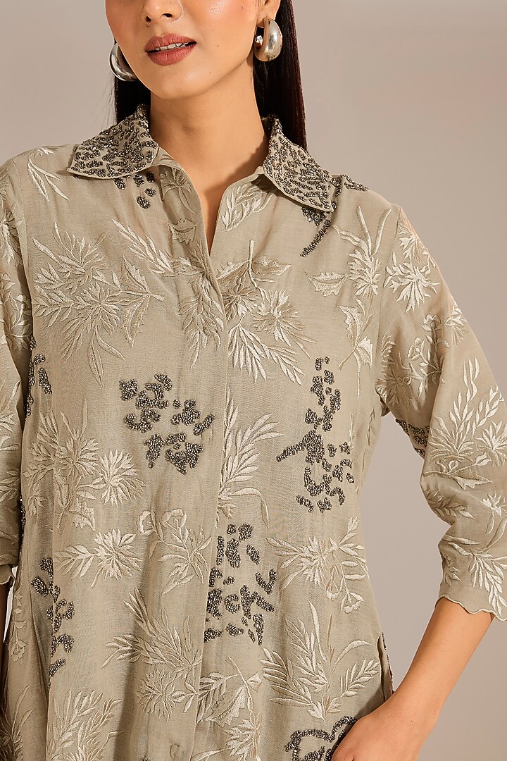 Natural Beige & Silver Handloom Cotton Beads Embroidered Shirt by Peachoo at Pernia's Pop Up Shop