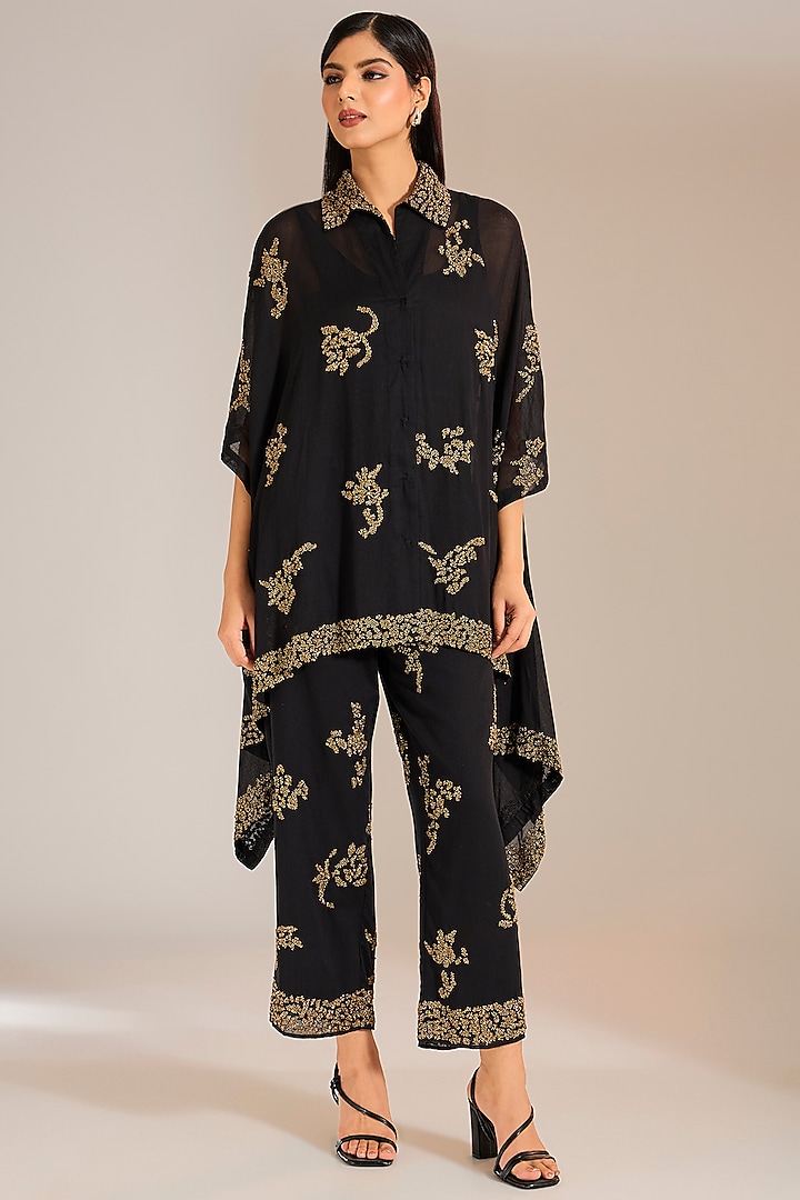 Black & Gold Handloom Cotton Beads Embroidered Pants by Peachoo at Pernia's Pop Up Shop