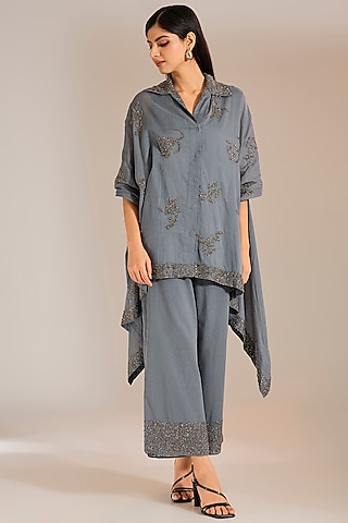 Shadow Silver Handloom Cotton Beads Embroidered Cape by Peachoo