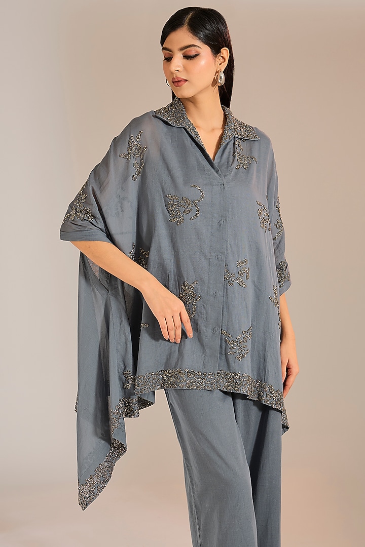 Shadow Silver Handloom Cotton Beads Embroidered Cape by Peachoo at Pernia's Pop Up Shop