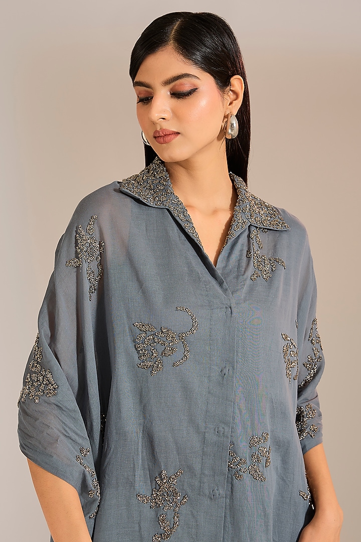 Shadow Silver Handloom Cotton Beads Embroidered Cape by Peachoo at Pernia's Pop Up Shop