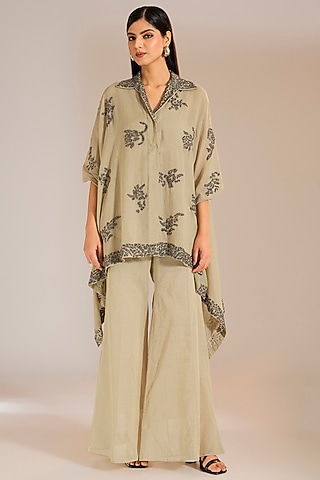 Natural Silver Handloom Cotton Beads Embroidered Cape by Peachoo