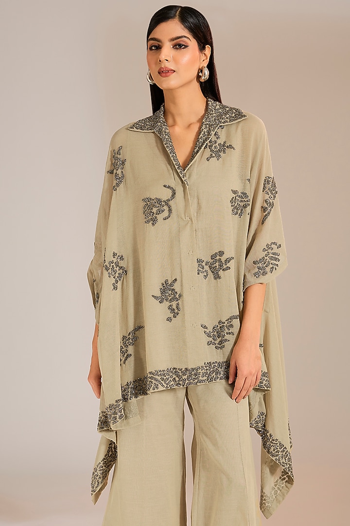 Natural Silver Handloom Cotton Beads Embroidered Cape by Peachoo at Pernia's Pop Up Shop
