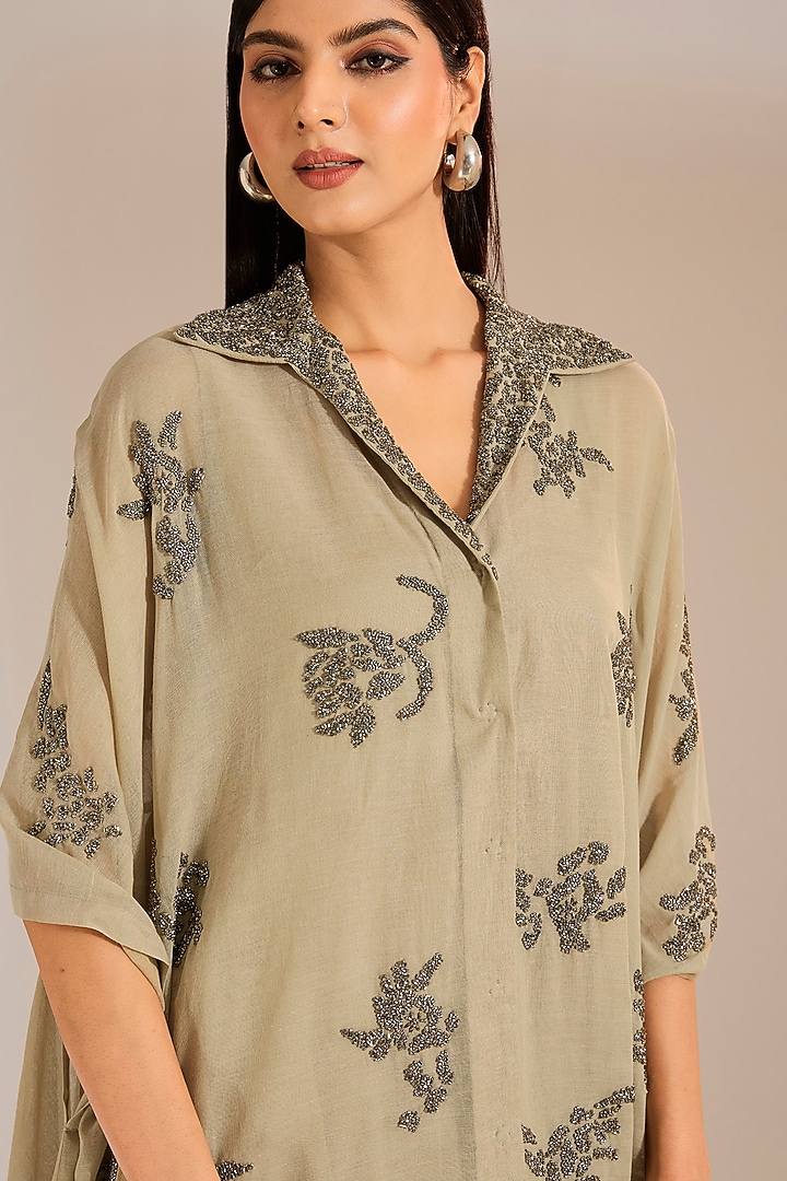 Natural Silver Handloom Cotton Beads Embroidered Cape by Peachoo at Pernia's Pop Up Shop