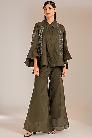 Khadi & Silver Handloom Cotton Beads Embroidered Shirt by Peachoo