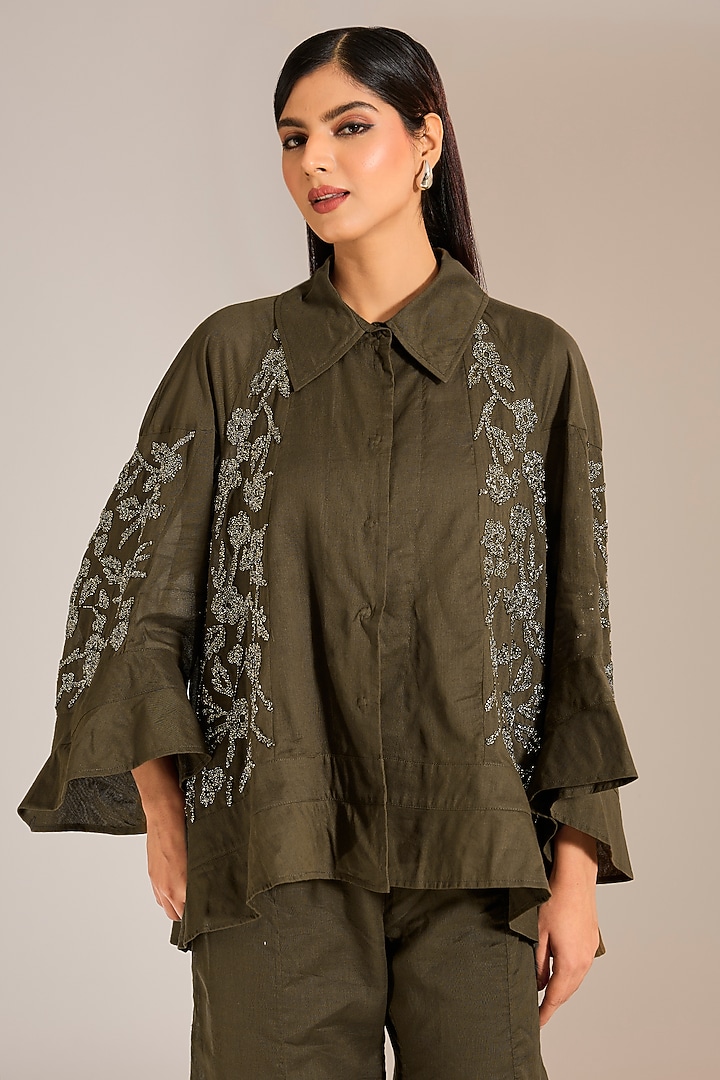 Khadi & Silver Handloom Cotton Beads Embroidered Shirt by Peachoo at Pernia's Pop Up Shop