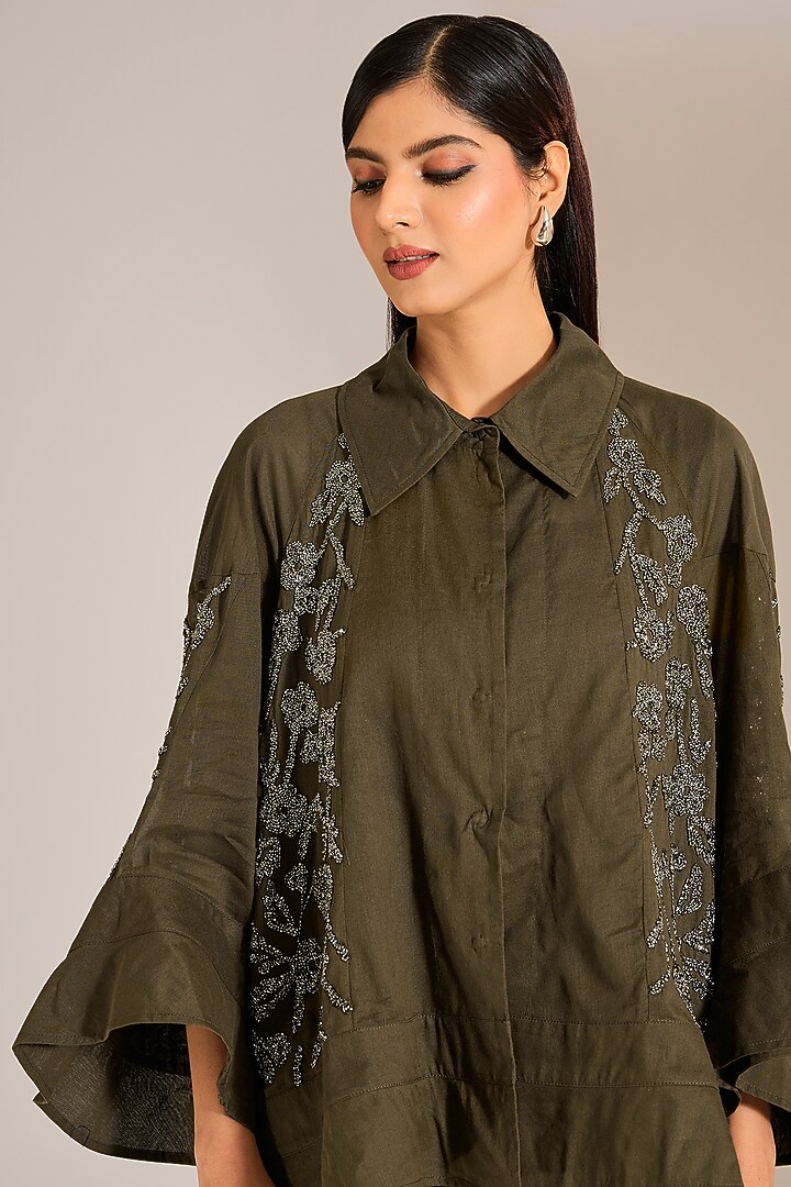 Khadi & Silver Handloom Cotton Beads Embroidered Shirt by Peachoo at Pernia's Pop Up Shop
