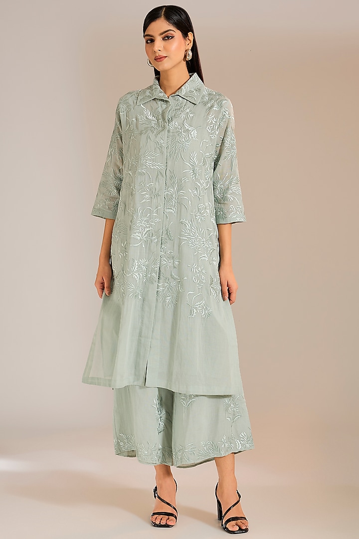 Celadon Handloom Cotton Thread Embroidered Shirt by Peachoo at Pernia's Pop Up Shop