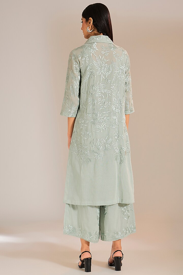 Celadon Handloom Cotton Thread Embroidered Kurta by Peachoo at Pernia's Pop Up Shop