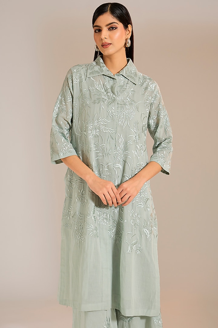Celadon Handloom Cotton Thread Embroidered Kurta by Peachoo at Pernia's Pop Up Shop