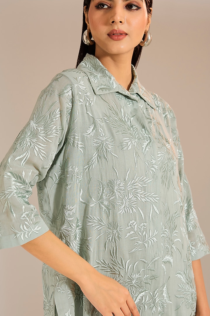 Celadon Handloom Cotton Thread Embroidered Kurta by Peachoo at Pernia's Pop Up Shop