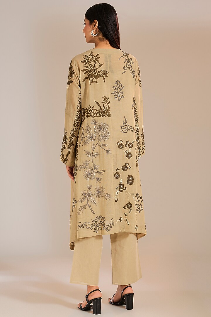 Natural Beige Handloom Cotton Patchwork & Beads Embroidered Kurta by Peachoo at Pernia's Pop Up Shop