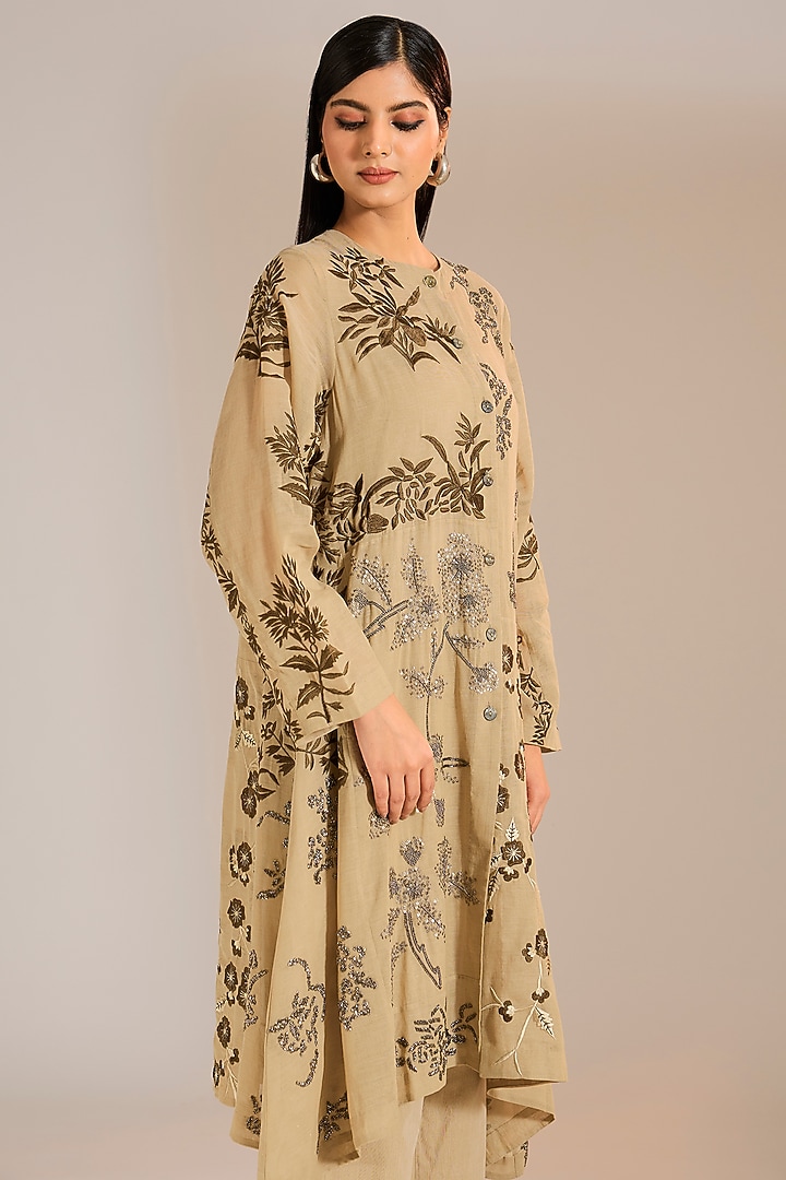 Natural Beige Handloom Cotton Patchwork & Beads Embroidered Kurta by Peachoo at Pernia's Pop Up Shop