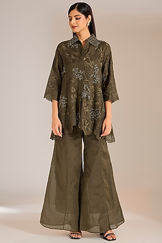 Khaki & Silver Handloom Cotton Beads Embroidered Shirt by Peachoo