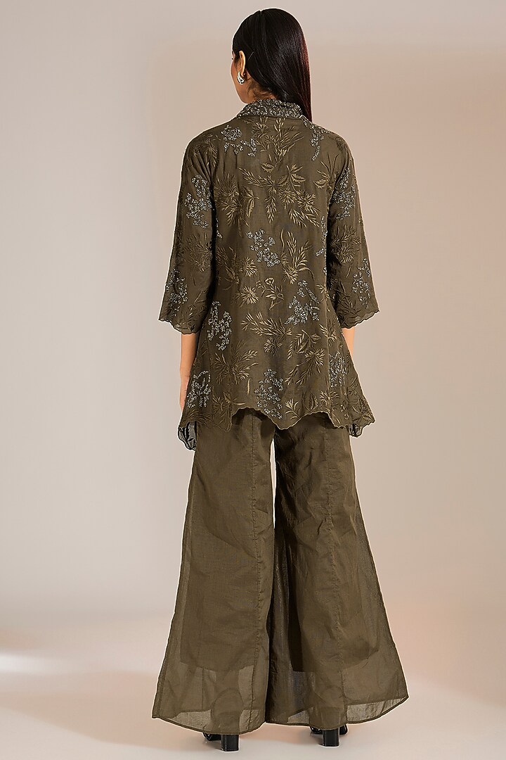 Khaki & Silver Handloom Cotton Beads Embroidered Shirt by Peachoo at Pernia's Pop Up Shop