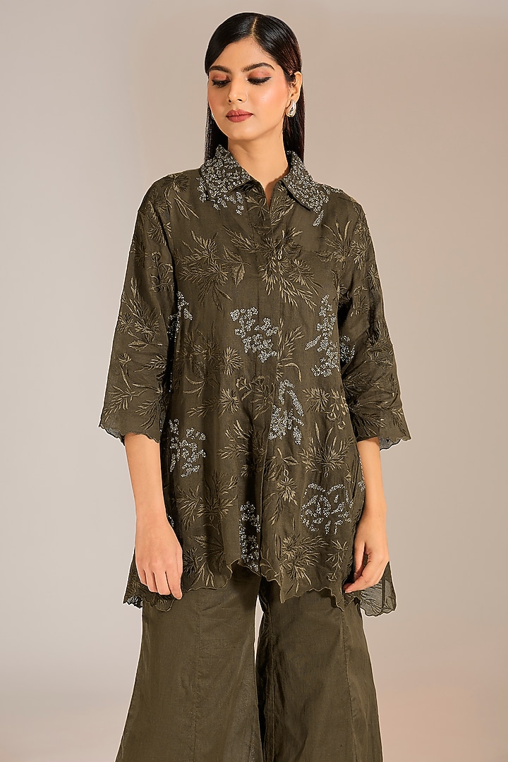Khaki & Silver Handloom Cotton Beads Embroidered Shirt by Peachoo at Pernia's Pop Up Shop