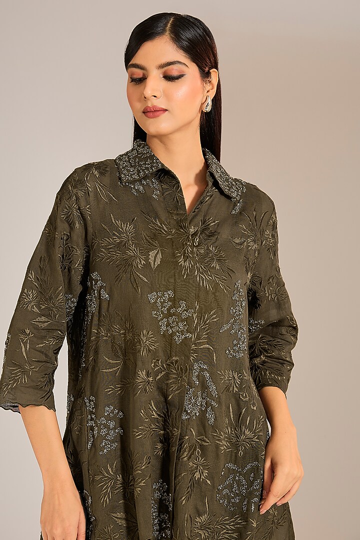 Khaki & Silver Handloom Cotton Beads Embroidered Shirt by Peachoo at Pernia's Pop Up Shop