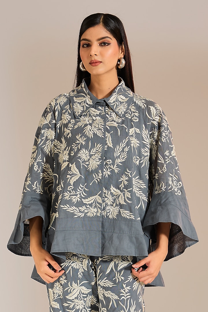 Shadow Grey Handloom Cotton Thread Embroidered Shirt by Peachoo at Pernia's Pop Up Shop