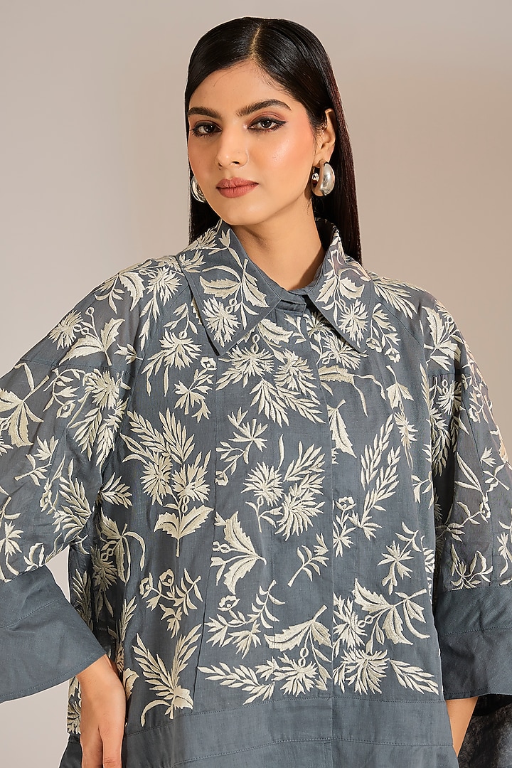 Shadow Grey Handloom Cotton Thread Embroidered Shirt by Peachoo at Pernia's Pop Up Shop