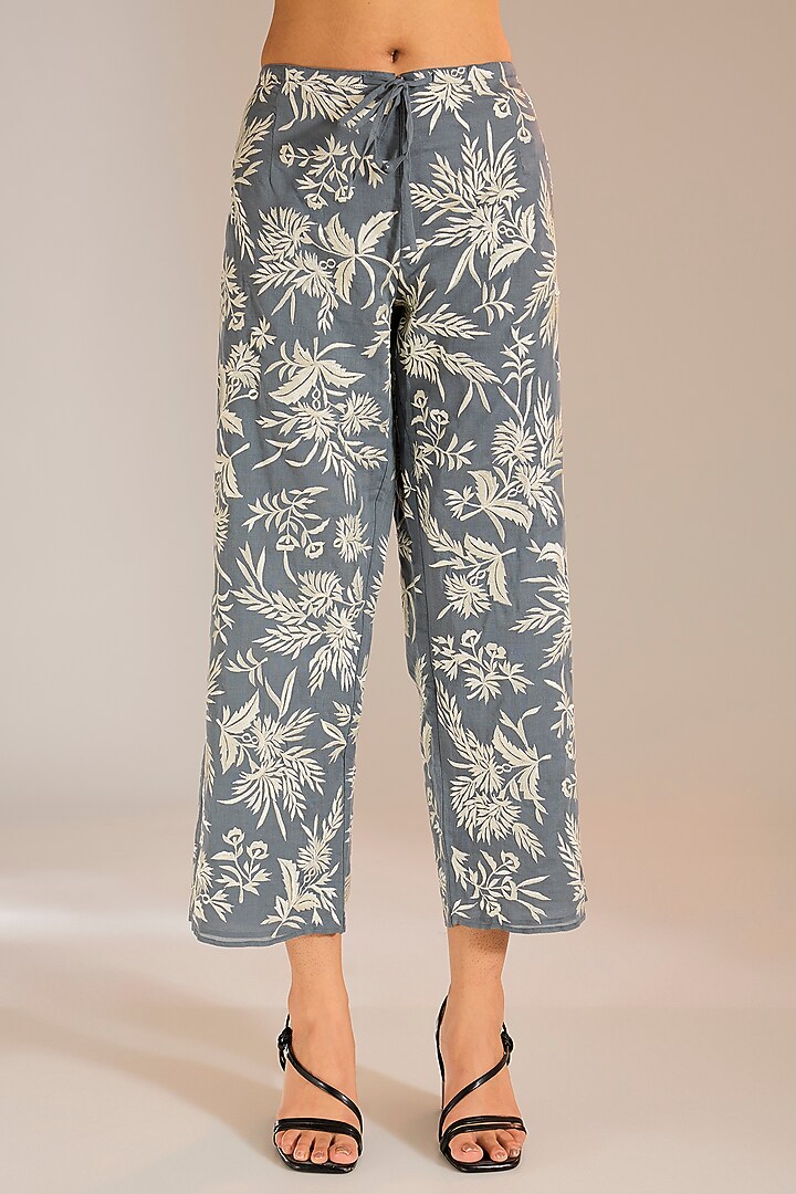 Shadow Grey Handloom Cotton Thread Embroidered Pants by Peachoo at Pernia's Pop Up Shop