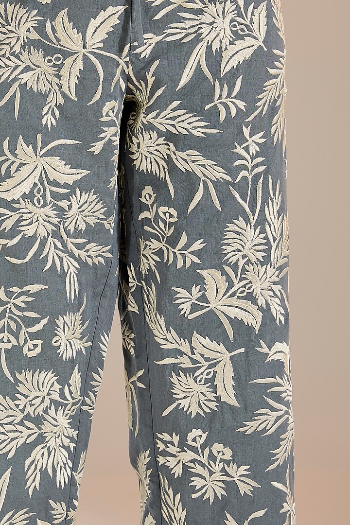 Shadow Grey Handloom Cotton Thread Embroidered Pants by Peachoo at Pernia's Pop Up Shop