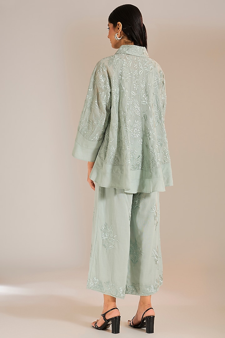 Celadon Handloom Cotton Thread Embroidered Shirt by Peachoo at Pernia's Pop Up Shop